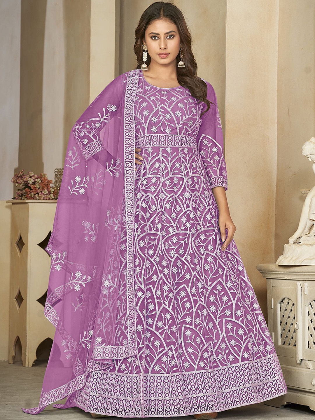 

Warthy Ent Floral Embroidered Net Semi-Stitched Dress Material, Purple