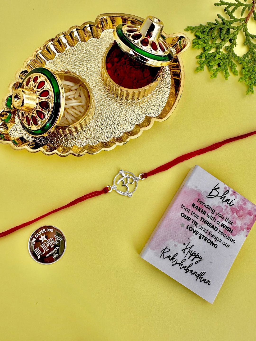 

JUPRA 925 Sterling Silver Om Rakhi with Coin Chocolate and Pooja Thali, Gold