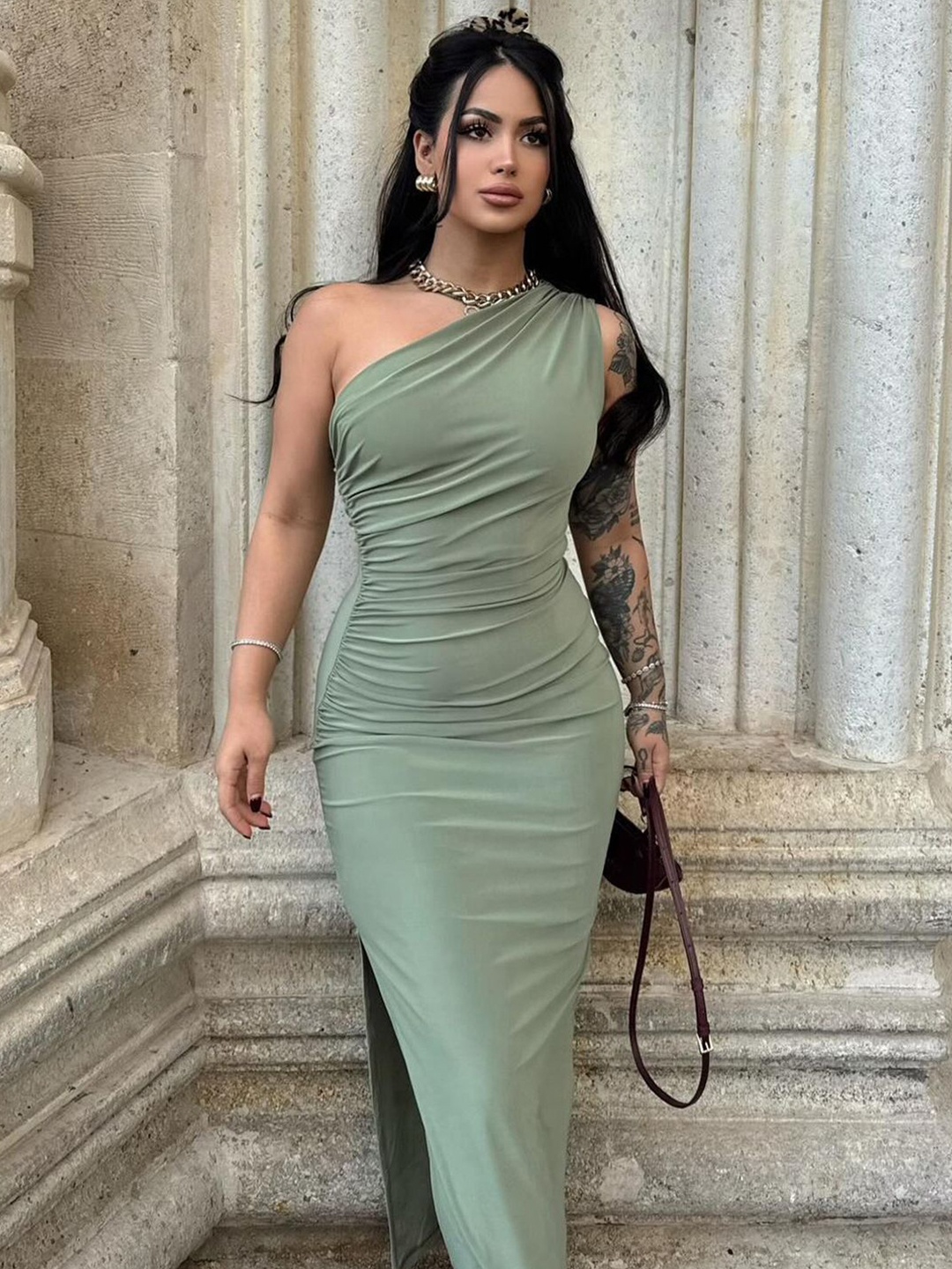 

StyleCast x Revolte One Shoulder Satin Bodycon Maxi Dress, Green