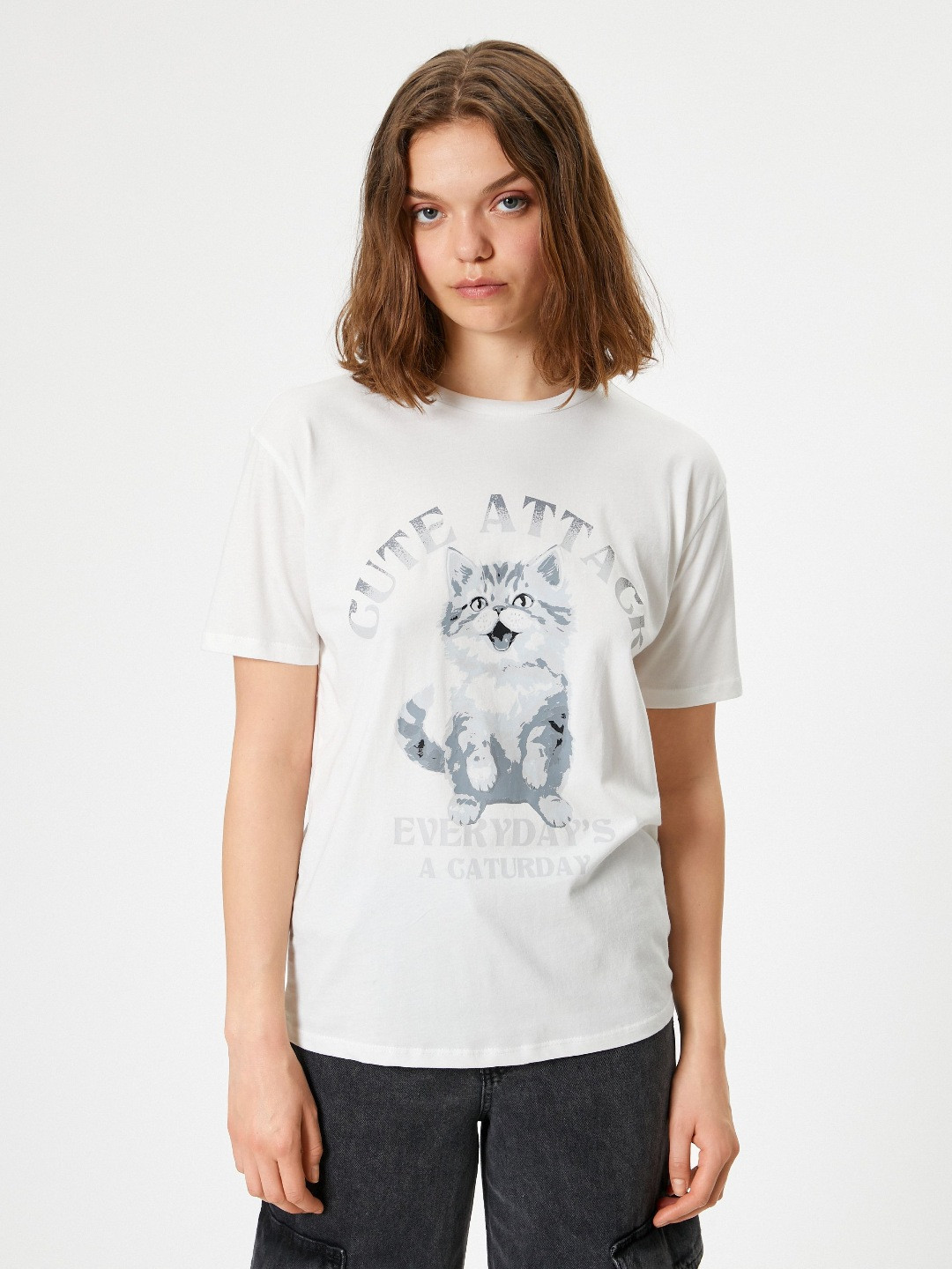 

Koton Women Graphic Printed Round Neck Cotton Oversized T-Shirt, Off white