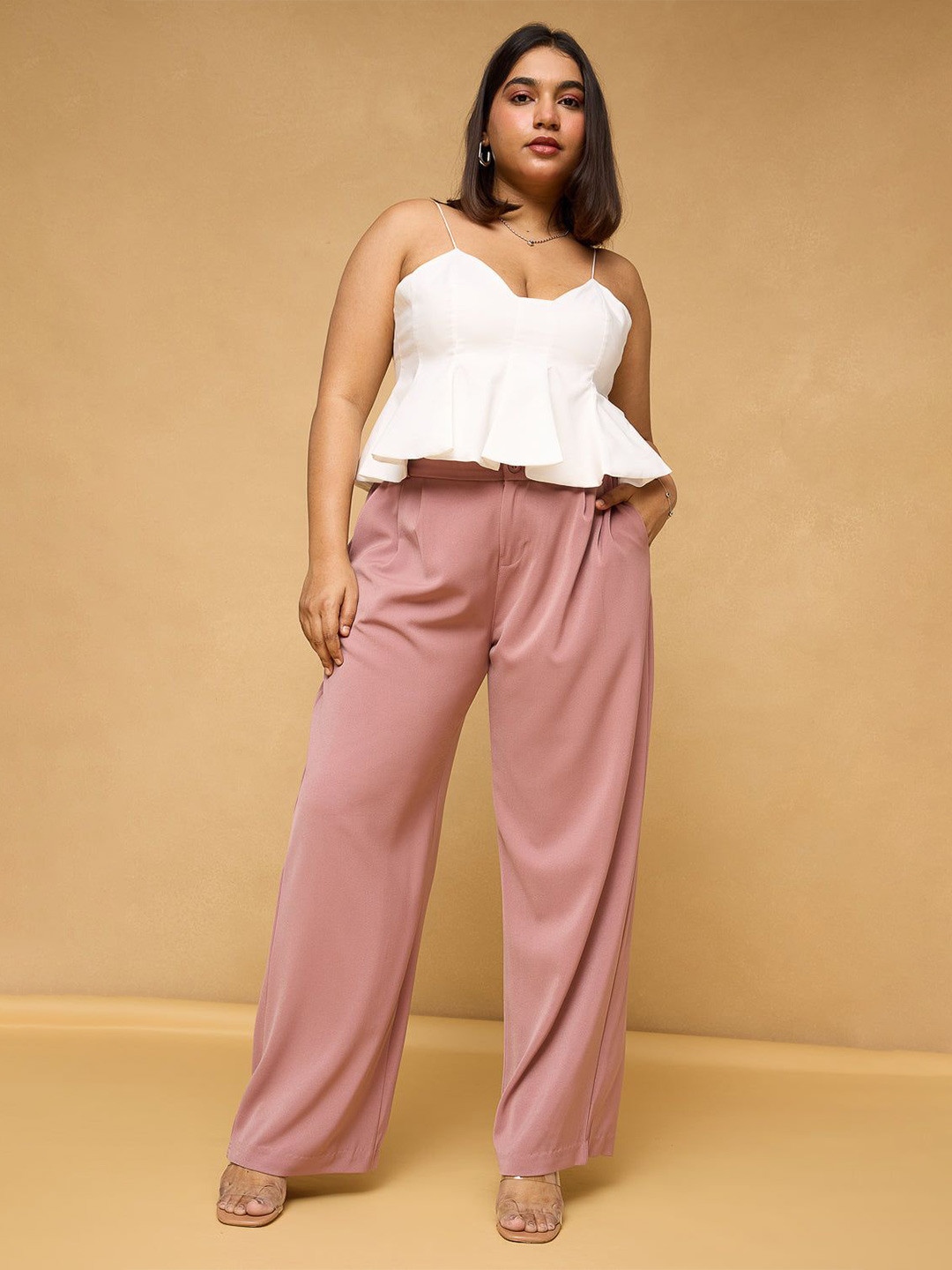 

FREAKINS Curve Mauve Pink Pleated Korean Pants