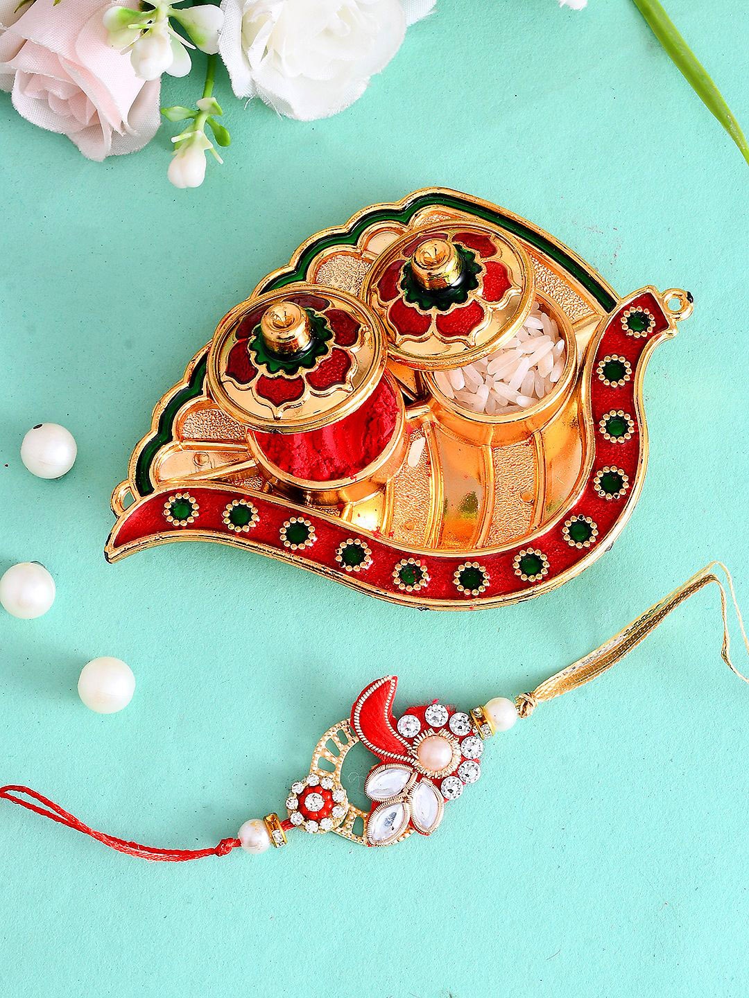 

Aapno Rajasthan Stone-Studded & Beaded Rakhi with Pooja Thali Gift Set, Gold