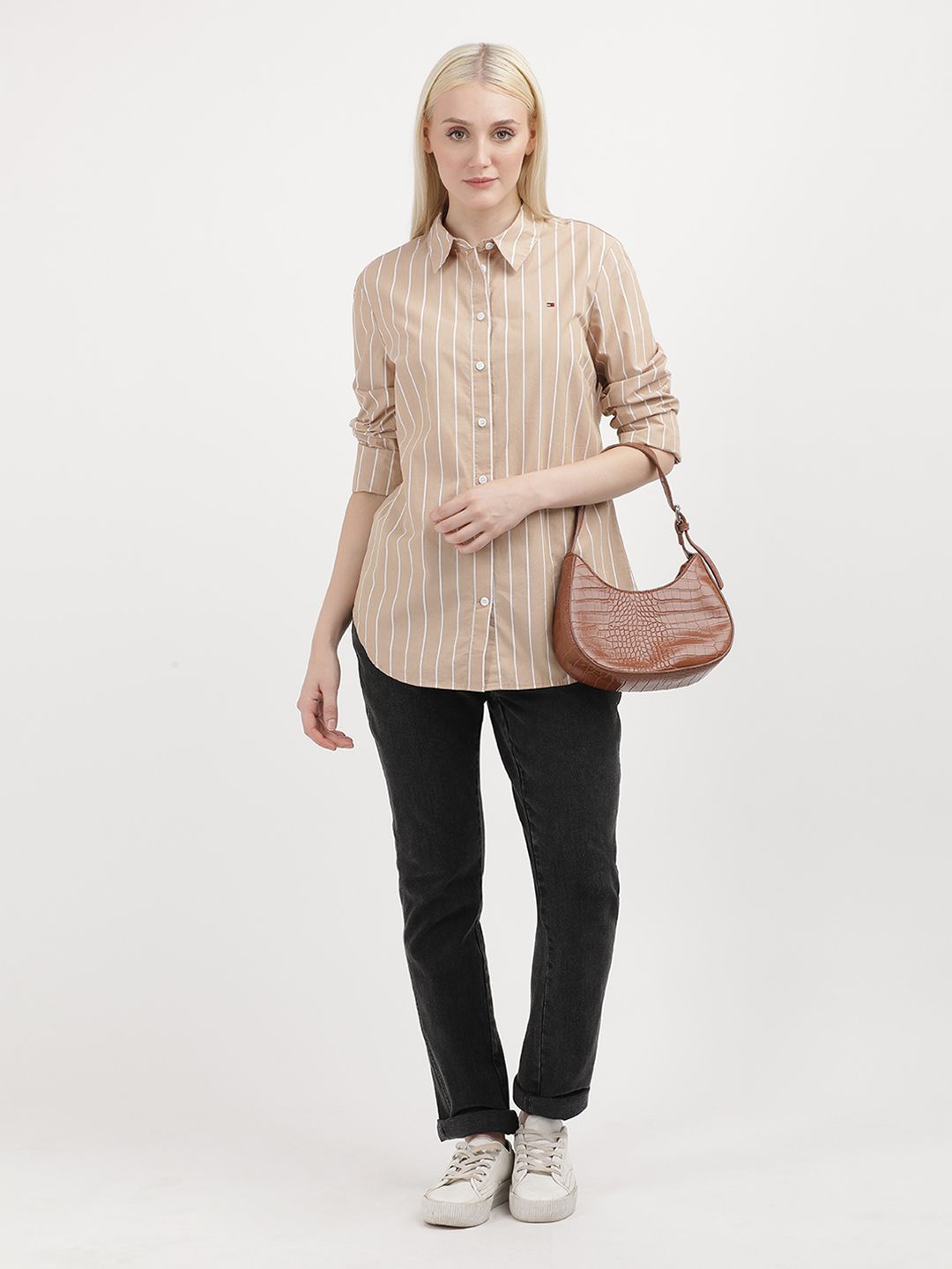 

Tommy Hilfiger Women Vertical Striped Spread Collar Casual Shirt, Beige