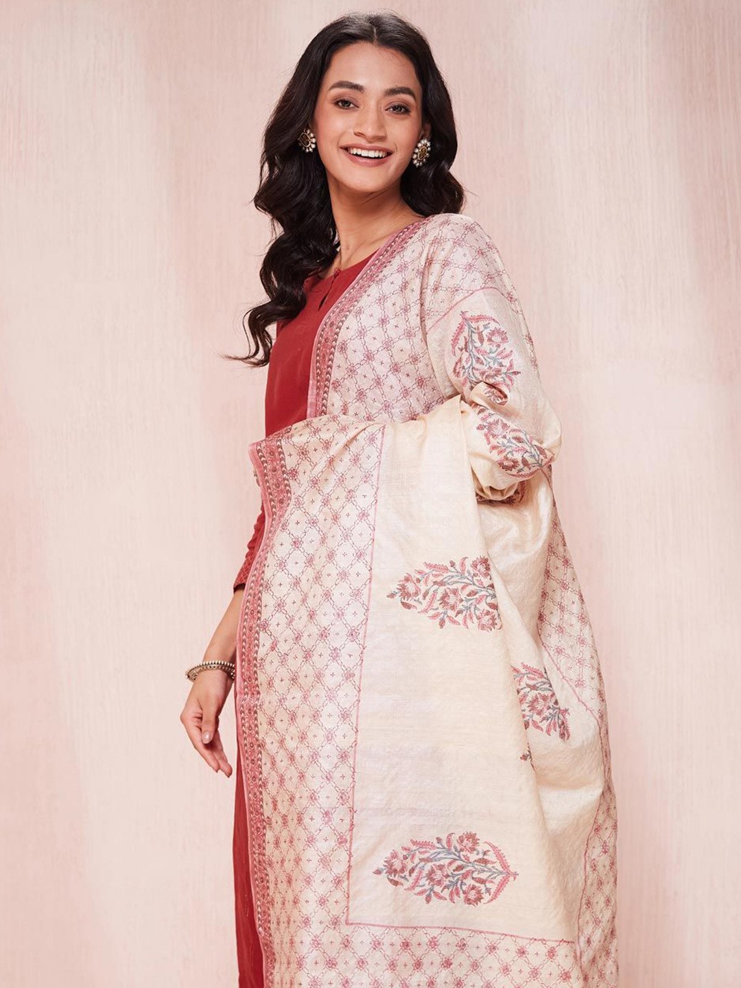 

Fabindia Floral Printed Silk Dupatta, Beige