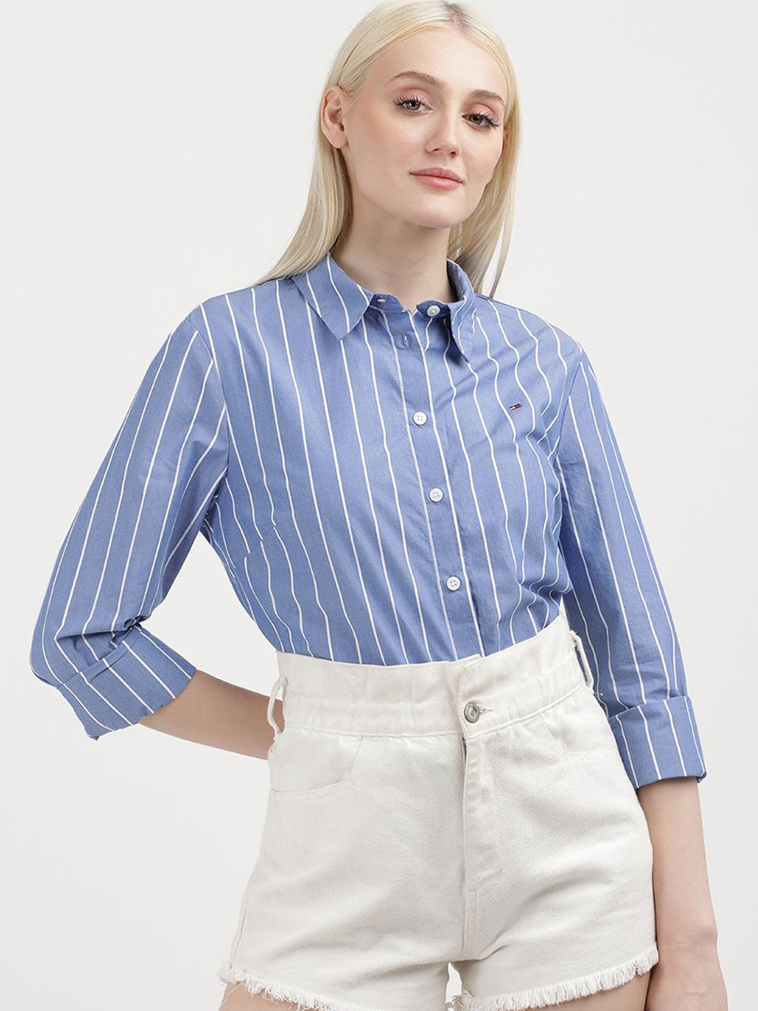 

Tommy Hilfiger Women Vertical Striped Casual Shirt, Blue
