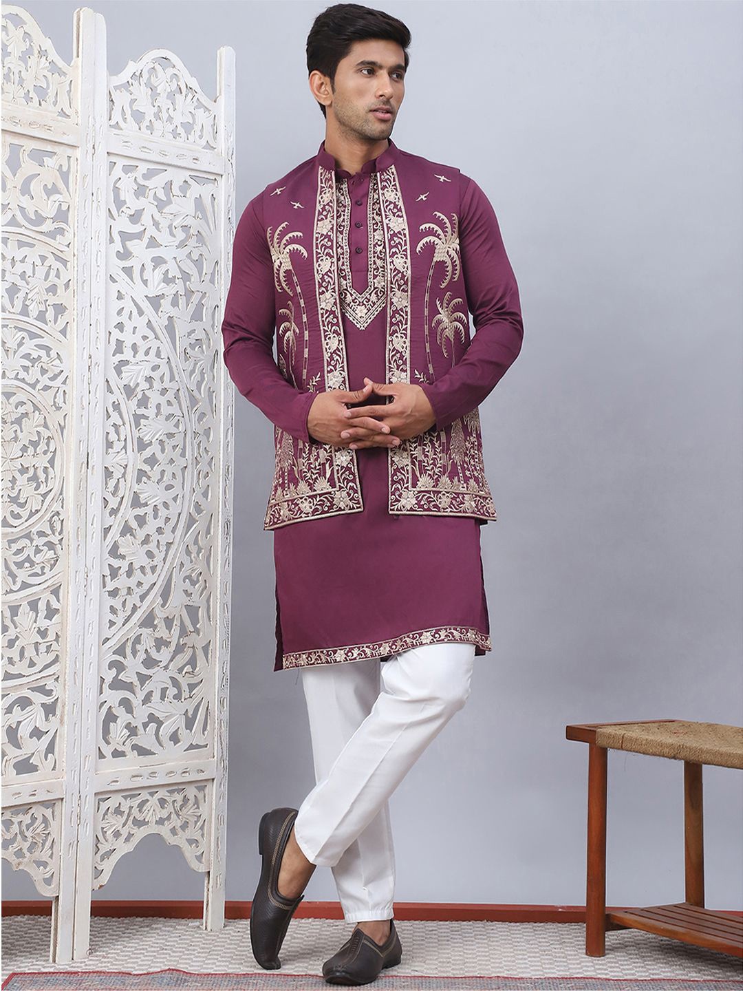 

Jompers Floral Embroidered Mandarin Collar Straight Kurta with Pyjama & Waistcoat, Purple