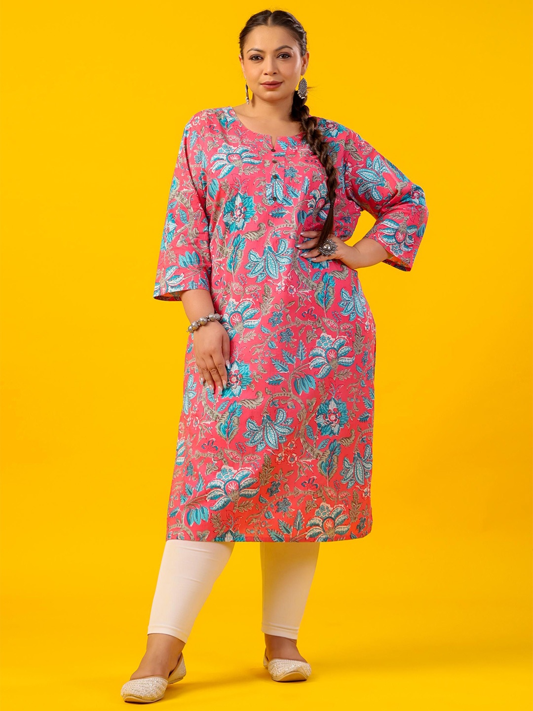 

LALI JAIPUR Women Plus Size Floral Printed Side Slits Pure Cotton Kurta, Pink