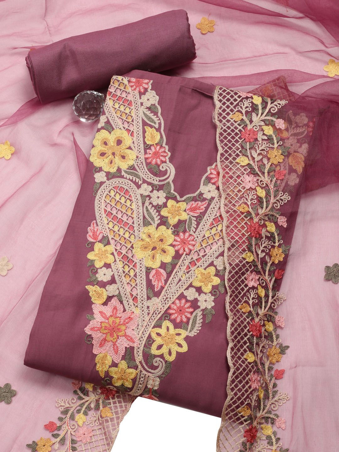 

Meena Bazaar Embroidered Art Silk Unstitched Dress Material, Mauve