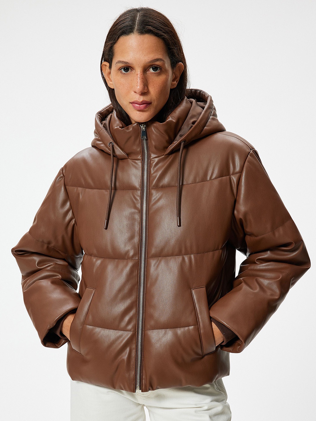 

Koton Women Solid Hooded Puffer Jacket, Brown