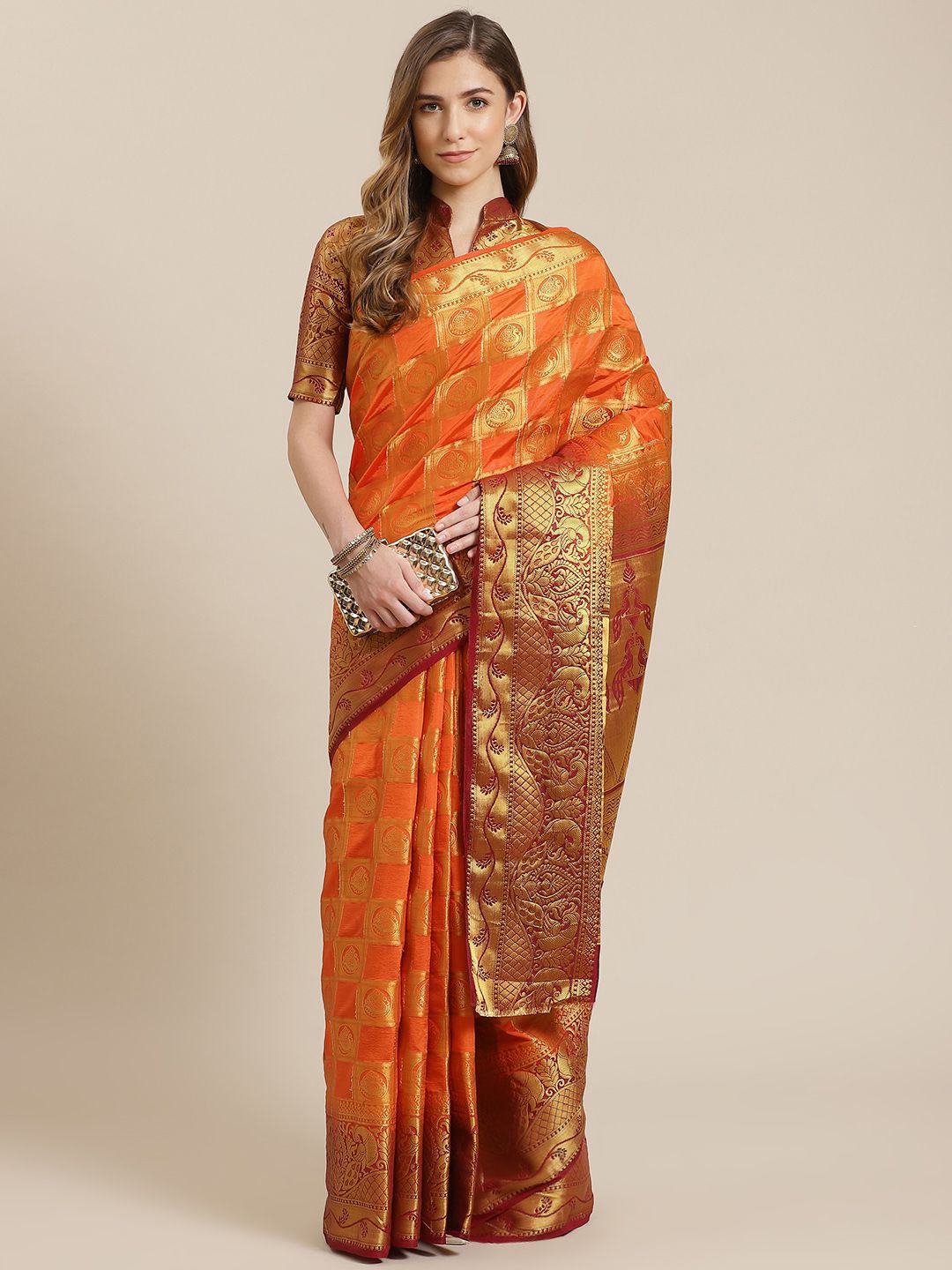 

KALINI Woven Design Ethnic Motifs Zari Silk Cotton Banarasi Saree, Orange
