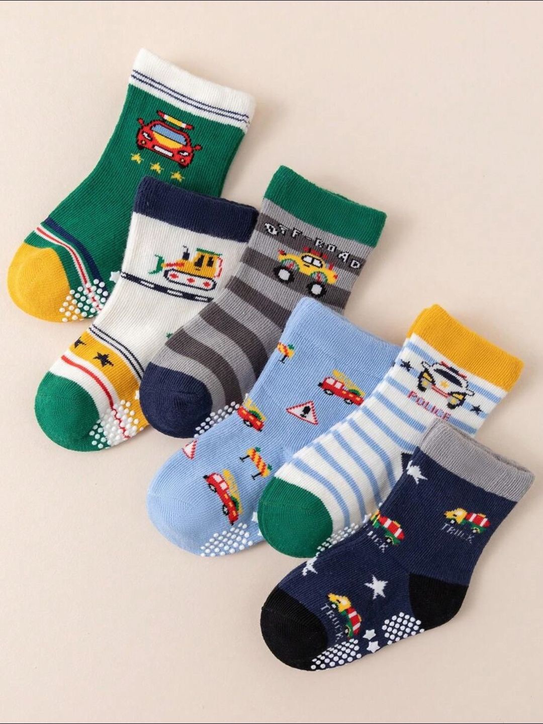 

BAESD Kids Pack Of 6 Patterned Anti-Skid Above Ankle-Length Socks, Green