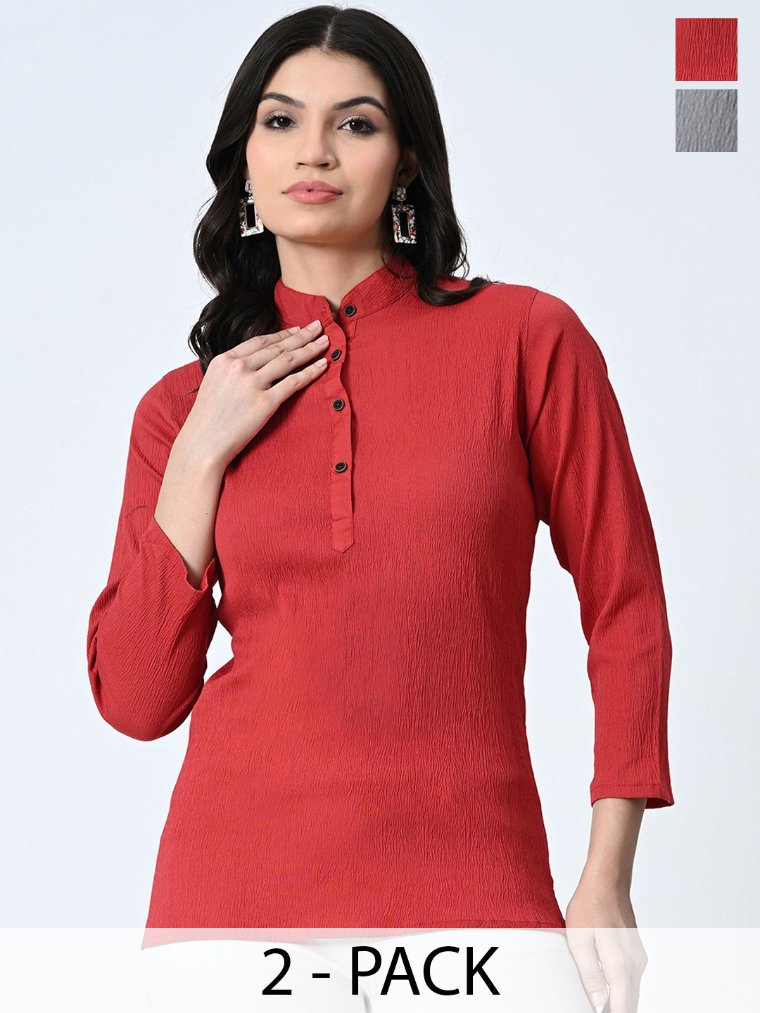 

BAESD Pack Of 2 Self Design Mandarin Collar Crepe Tops, Red