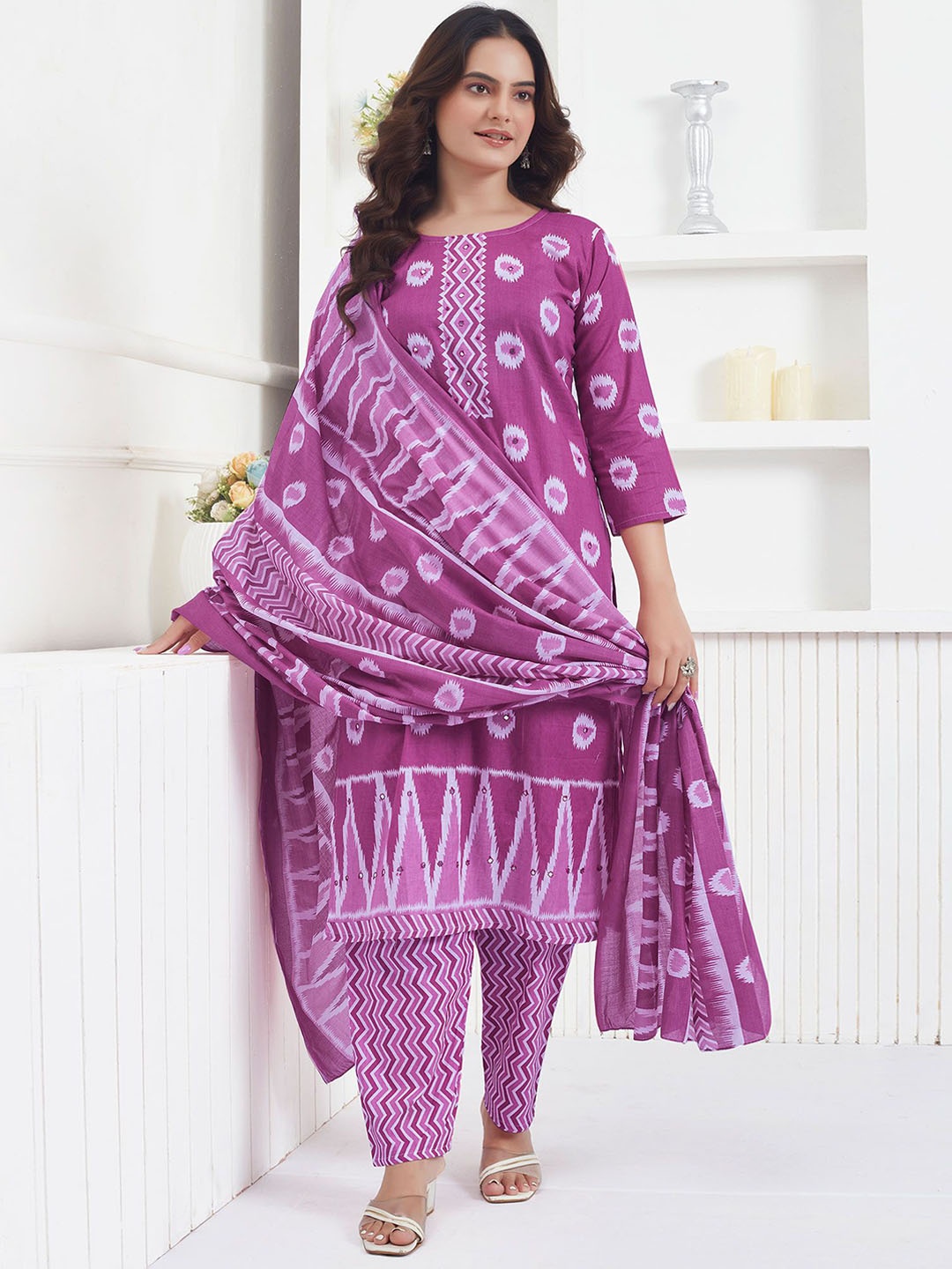 

Peachmode Floral Printed Mirror Work Pure Cotton Straight Kurta With Trousers & Dupatta, Purple