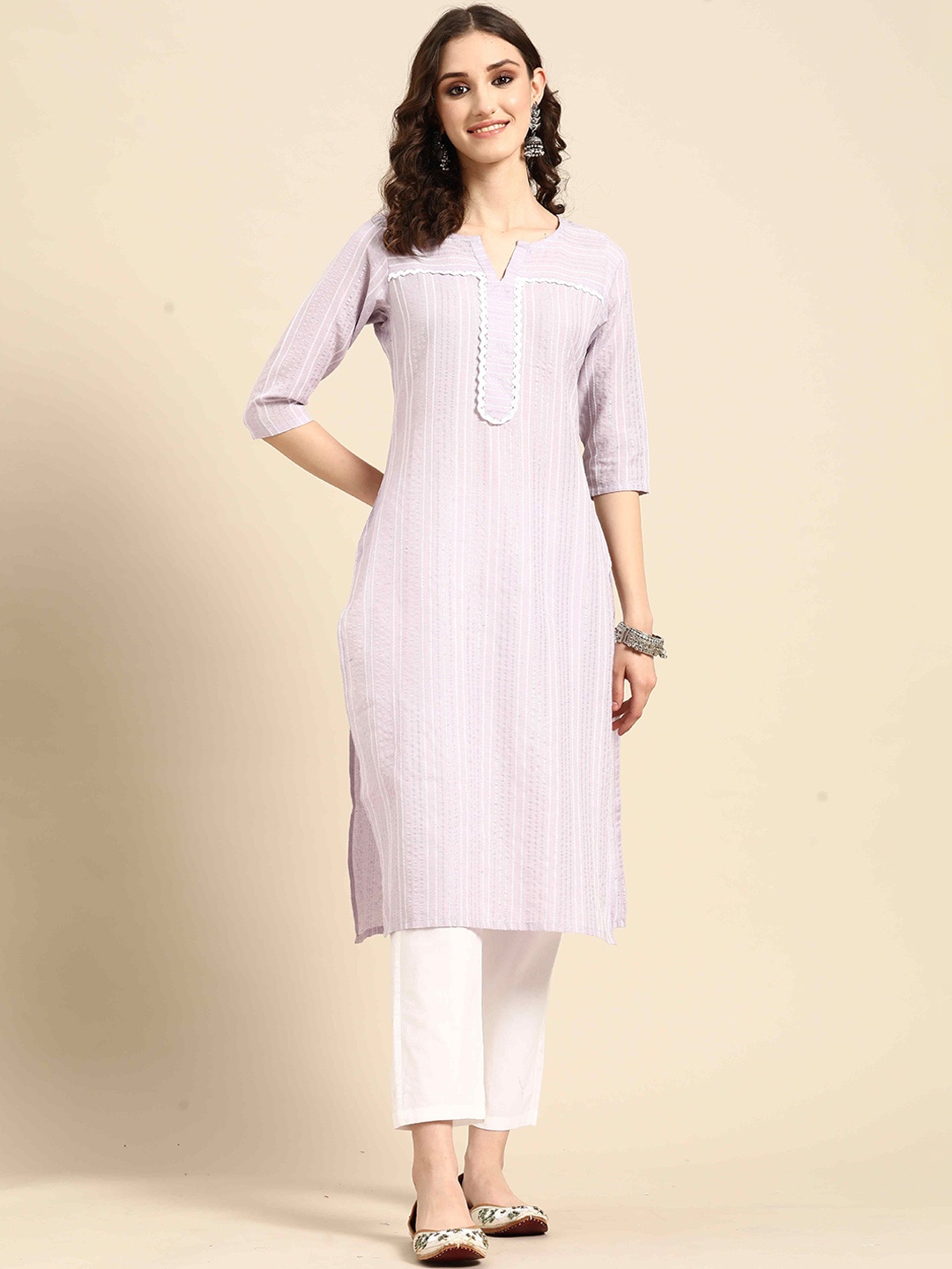 

all about you Striped Regular Gotta Patti Straight Kurta With Trousers, Lavender