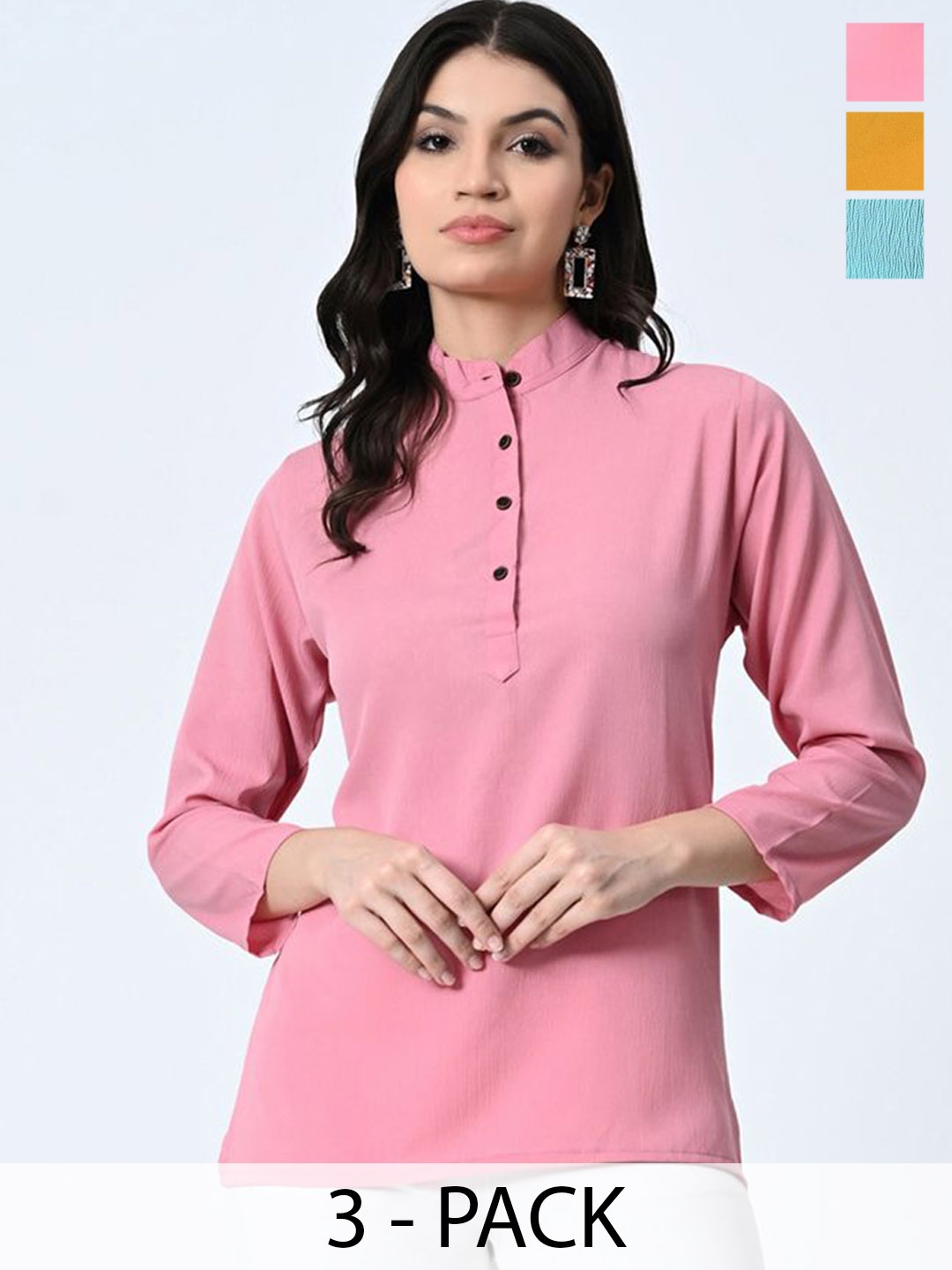 

BAESD Pack Of 3 Self Design Mandarin Collar Crepe Tops, Pink