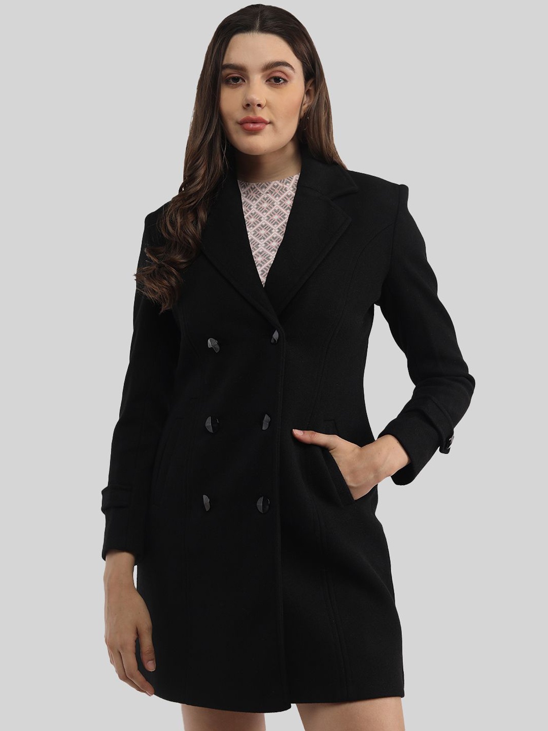 

PROTEX Women Solid Double Breasted Over Coats, Black