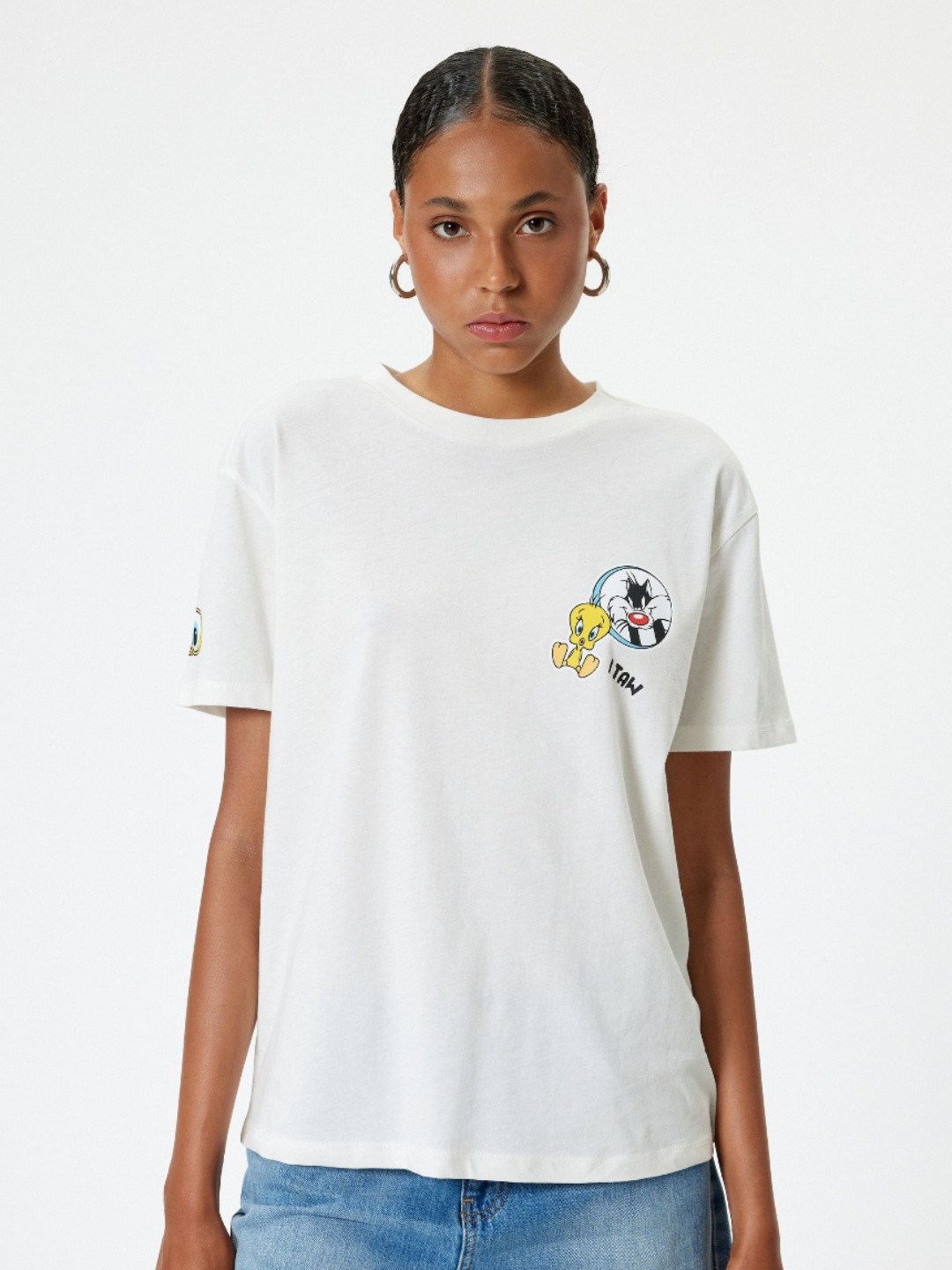 

Koton Women Graphic Printed Round Neck Cotton Oversized T-Shirt, Beige