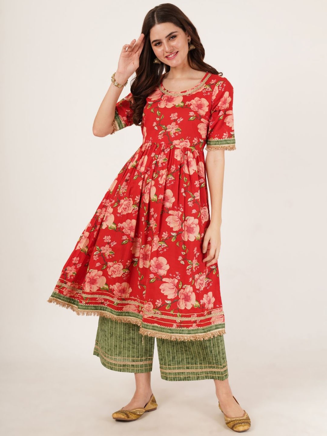 

COTLAND FASHION Floral Printed A-Line Gotta Patti Pure Cotton Kurta with Palazzos, Red