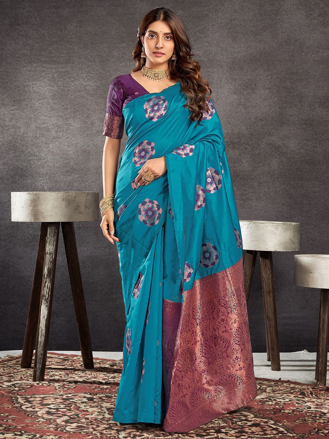 

Satrani Ethnic Motifs Zari Silk Blend Banarasi Saree, Blue