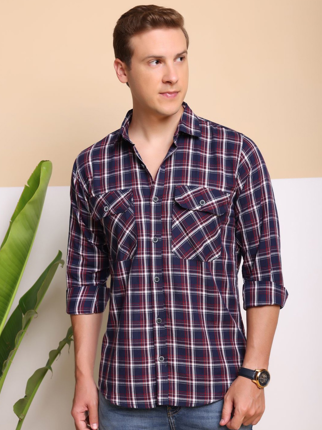 

FILO HEVIS Spread Collar Double Pocket Cotton Check Shirt, Red