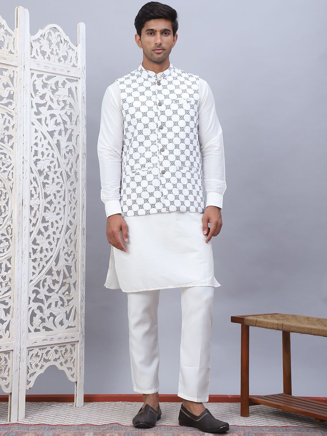 

Jompers Mandarin Collar Silk Cotton Straight Kurta with Churidar & Nehru Jacket, White