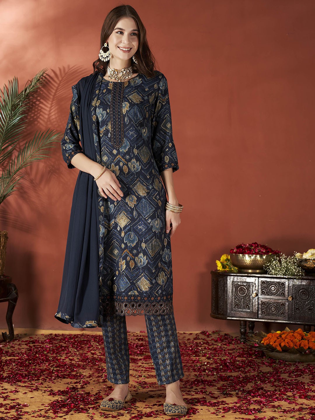 

Anouk Navy Blue Floral Printed Sequinned Straight Kurta With Trouser & Dupatta