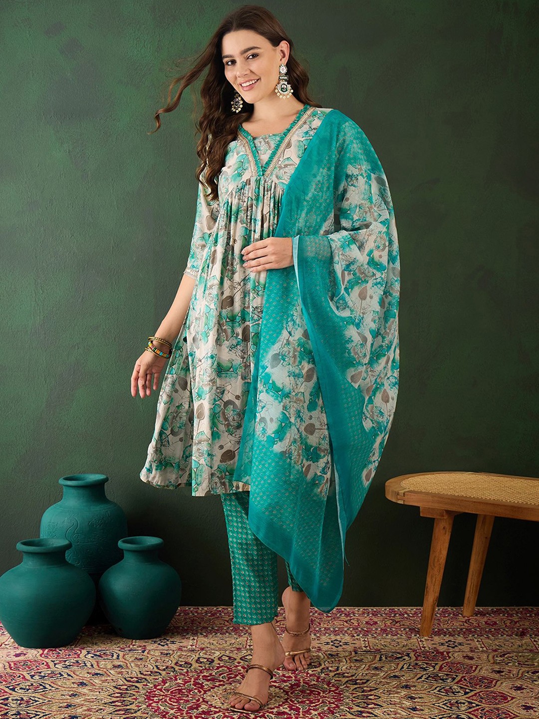 

Sangria Floral Printed V Neck Anarkali Kurta & Sharara With Dupatta, Teal