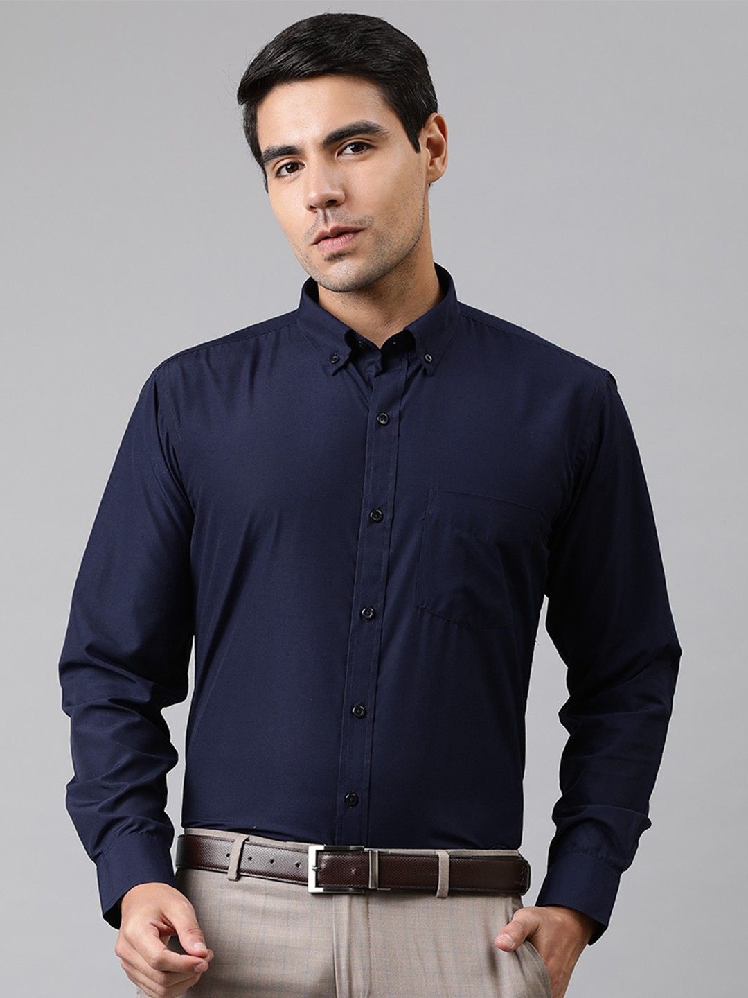 

English Navy Men New Solid Wrinkle Free Slim Fit Formal Shirt, Navy blue