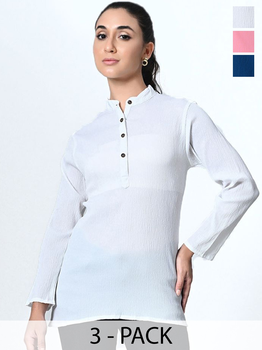 

BAESD Pack Of 3 Self Design Mandarin Collar Crepe Tops, White