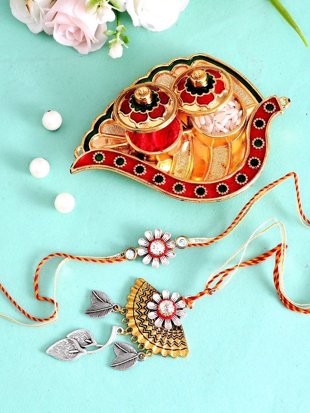 

Aapno Rajasthan Set of 2 Beaded Bhaiya Bhabhi Rakhi With Pooja Thai And Roli Chawal, Red