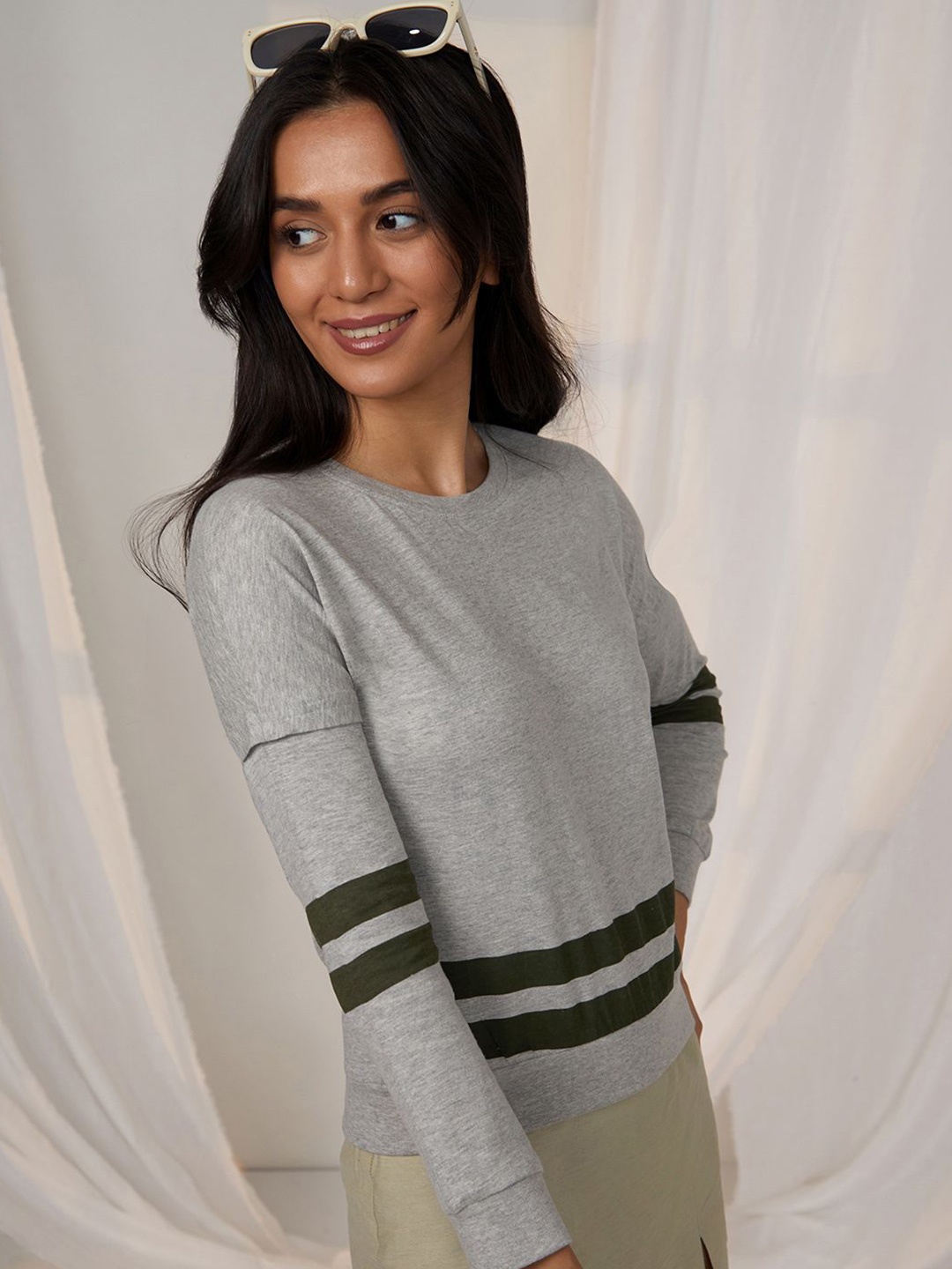 

PINACOLADA Women Striped Round Neck Polycotton Top, Grey