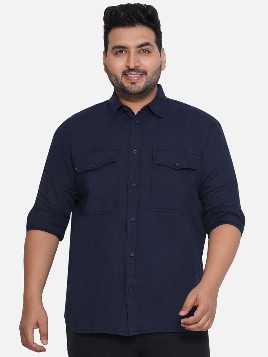 

Santonio Men Classic Spread Collar Solid Cotton Plus Size Casual Shirt, Navy blue