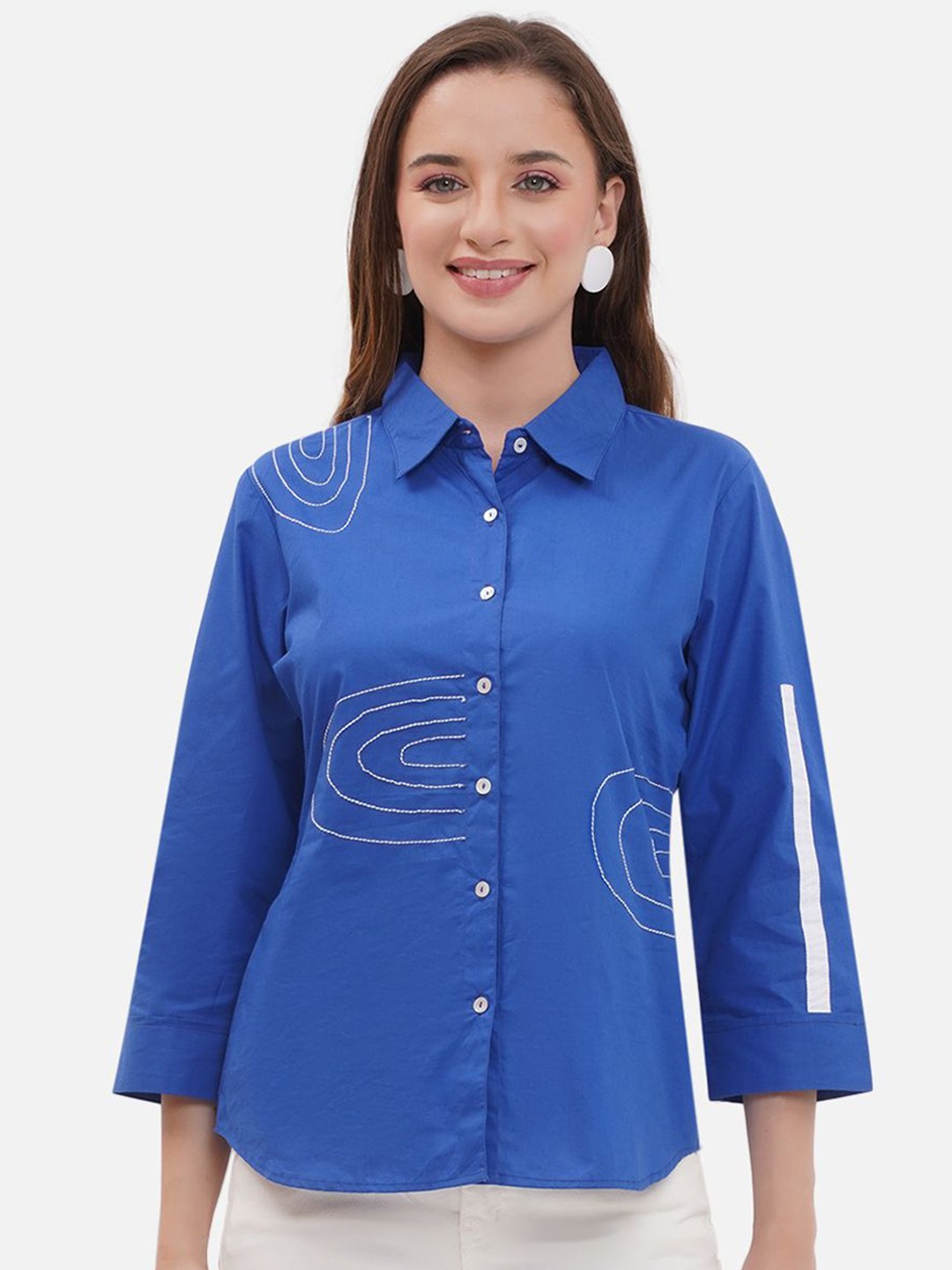 

KALINI Women Edgy Spread Collar Abstract Printed Semiformal Shirt, Blue