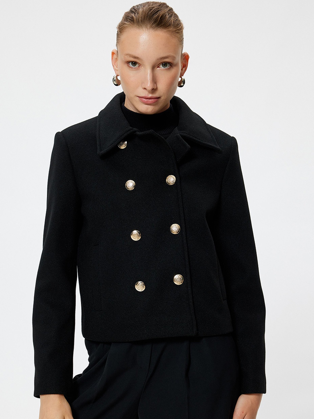 

Koton Women Solid Spread Collar Longline Tailored Jacket, Black
