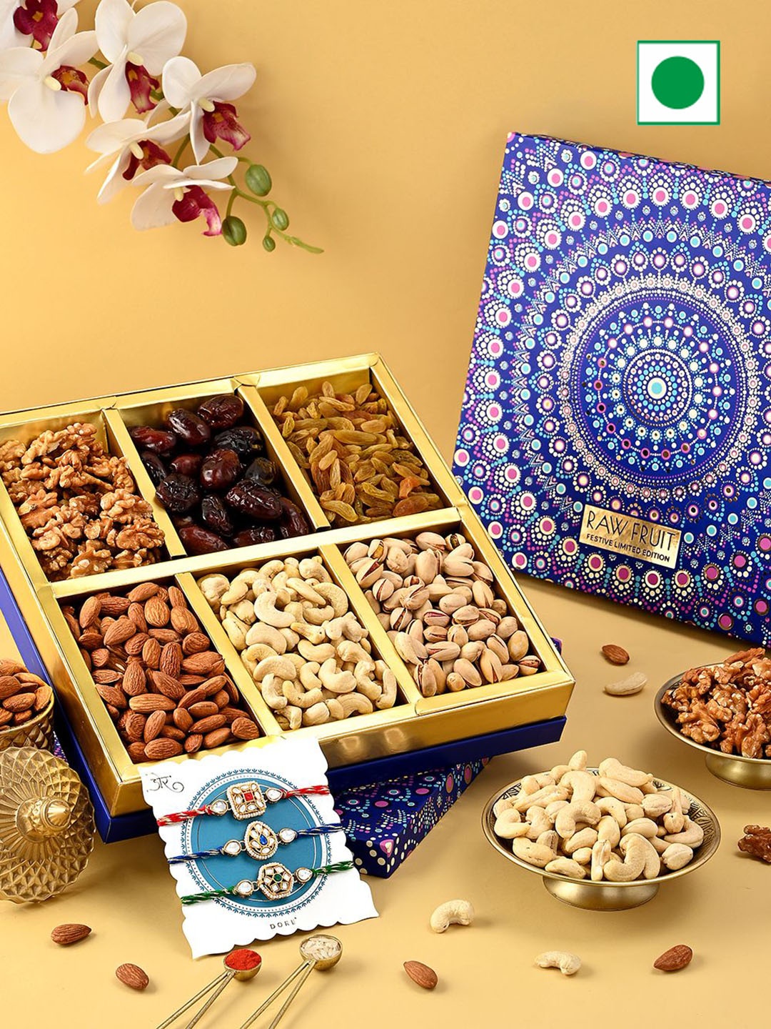 

RawFruit 3 Pcs Rakhi With Dry Fruits Gift Set, Blue