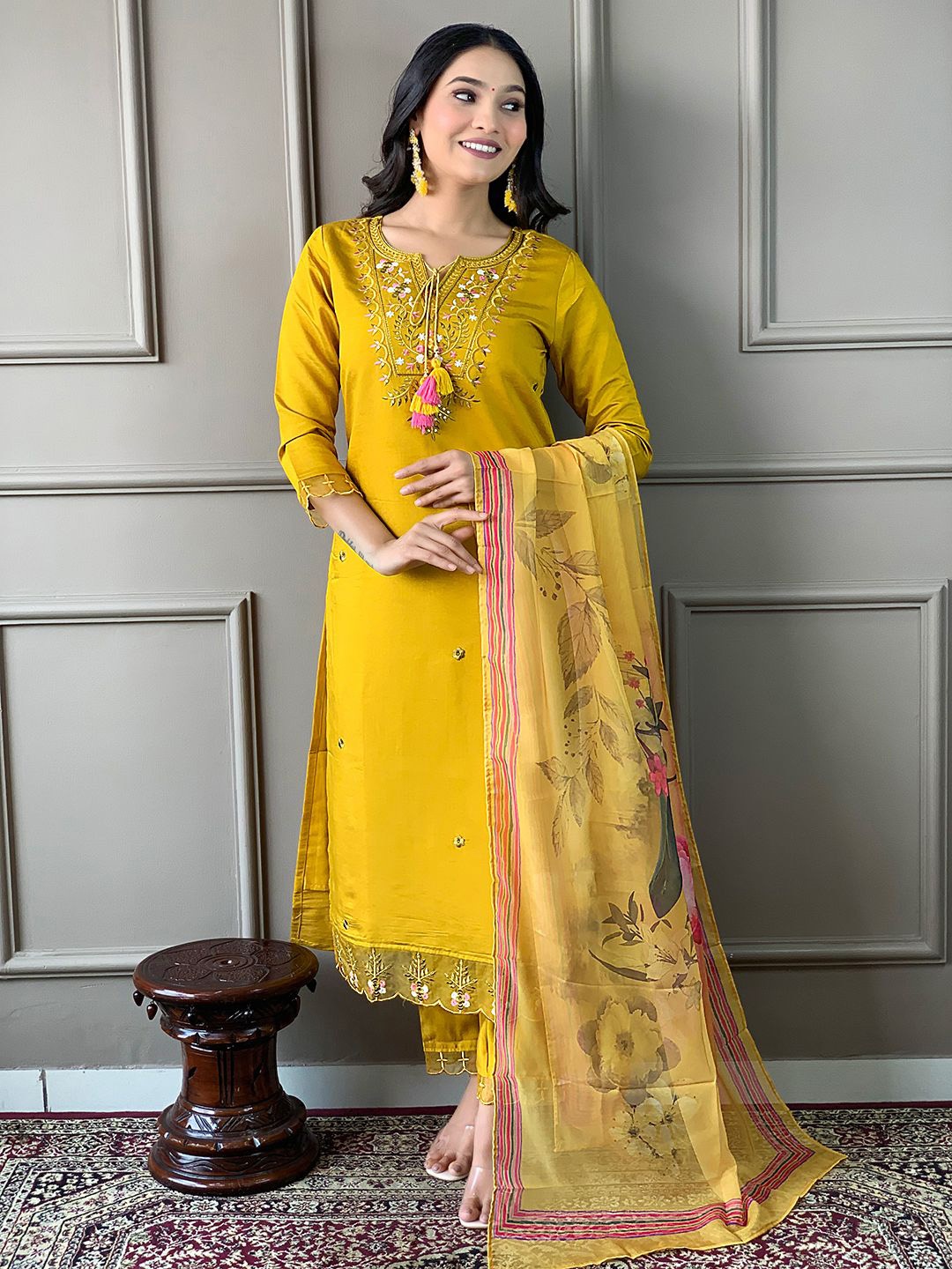 

KALINI Floral Embroidered Sequinned Chanderi Cotton Kurta with Trousers & Dupatta, Mustard