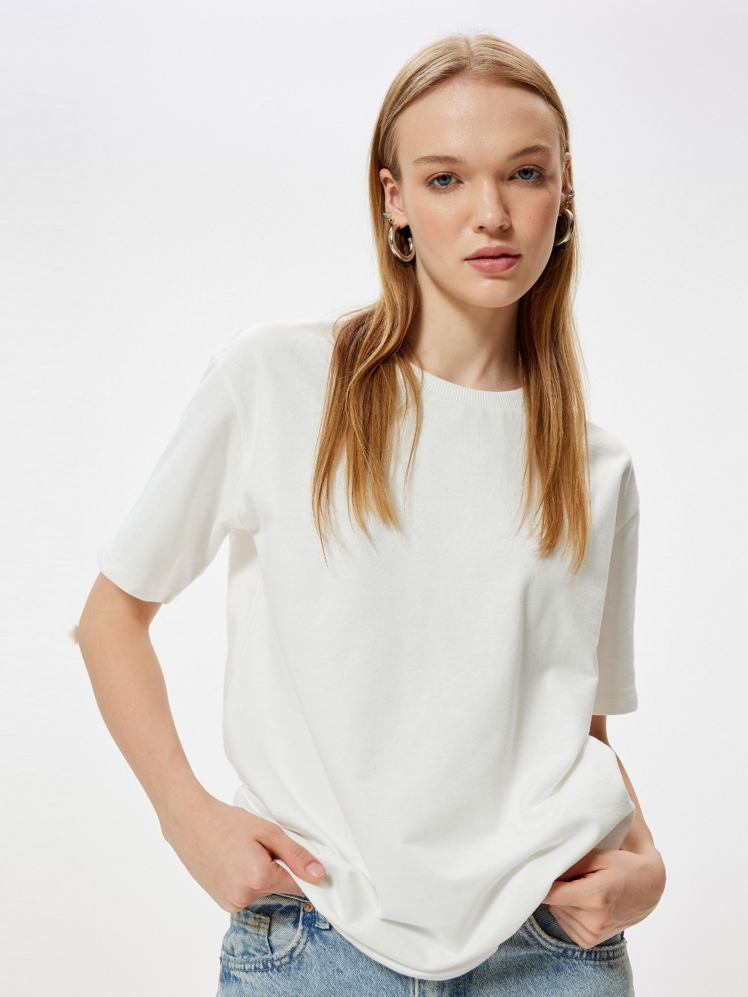 

Koton Women Solid Round Neck Cotton Oversized T-Shirt, Off white