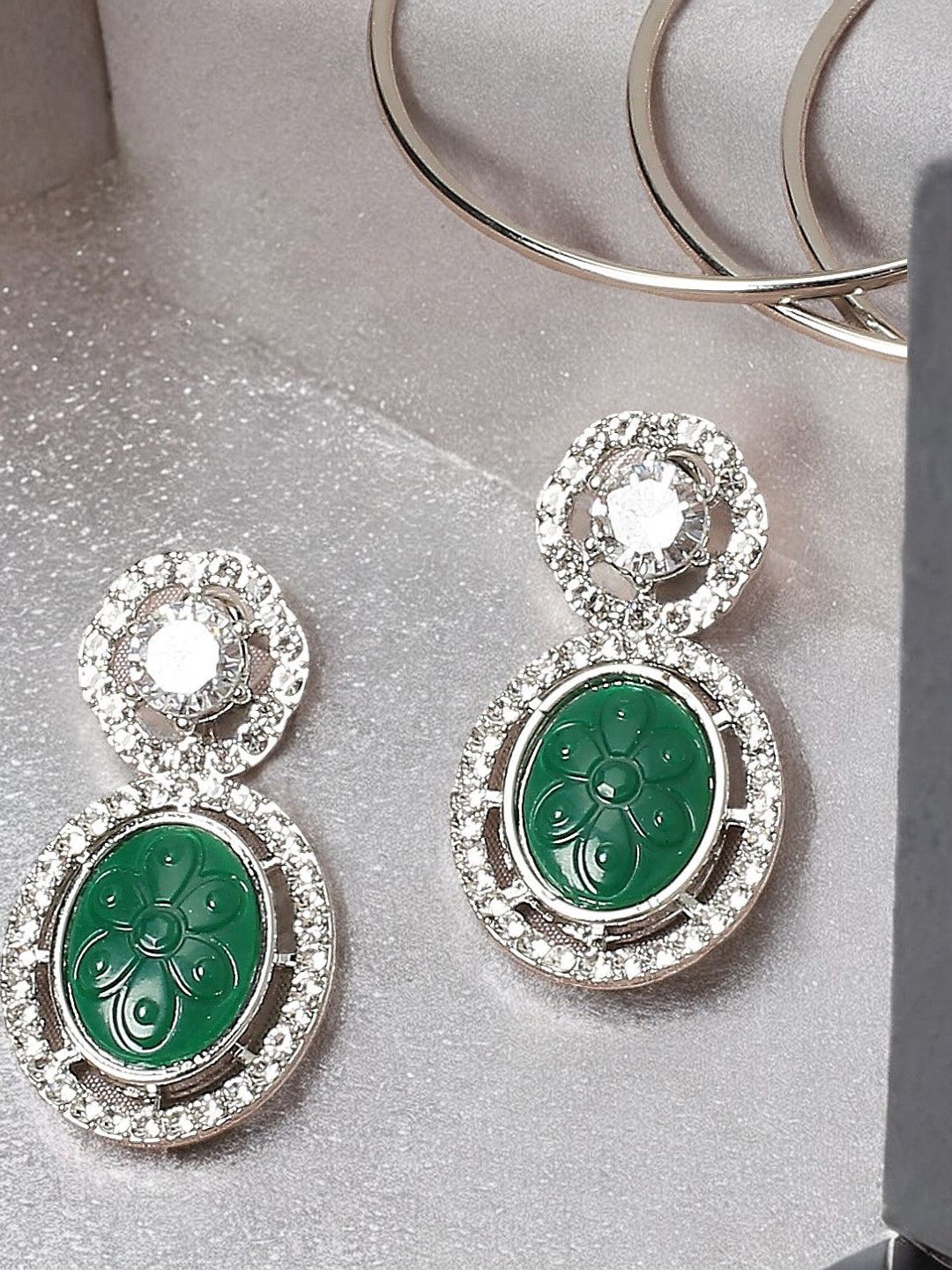 

Anouk Silver-Toned American Diamond Studded Oval Drop Earrings