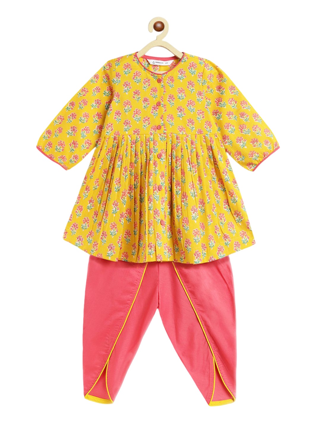 

Campana Girls Floral Printed Pure Cotton Empire Anarkali Kurti With Dhoti, Yellow