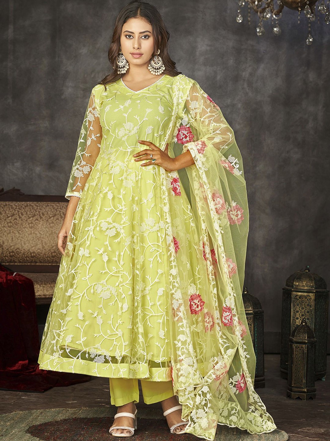 

Warthy Ent Floral Embroidered Net Semi-Stitched Dress Material, Yellow
