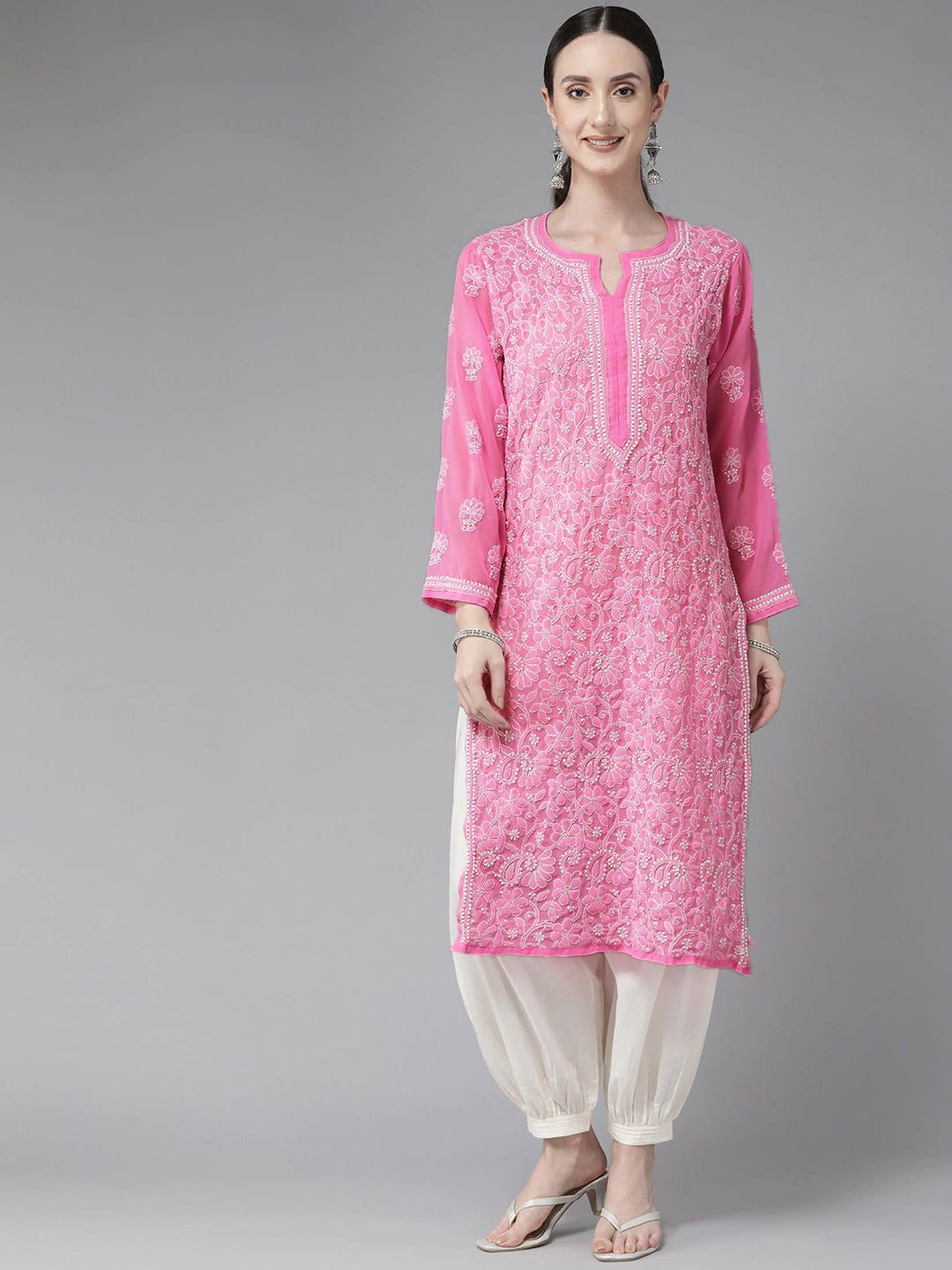 

ADA Floral Embroidered Notch Neck Lucknowi Chikankari Georgette Straight Kurta, Pink