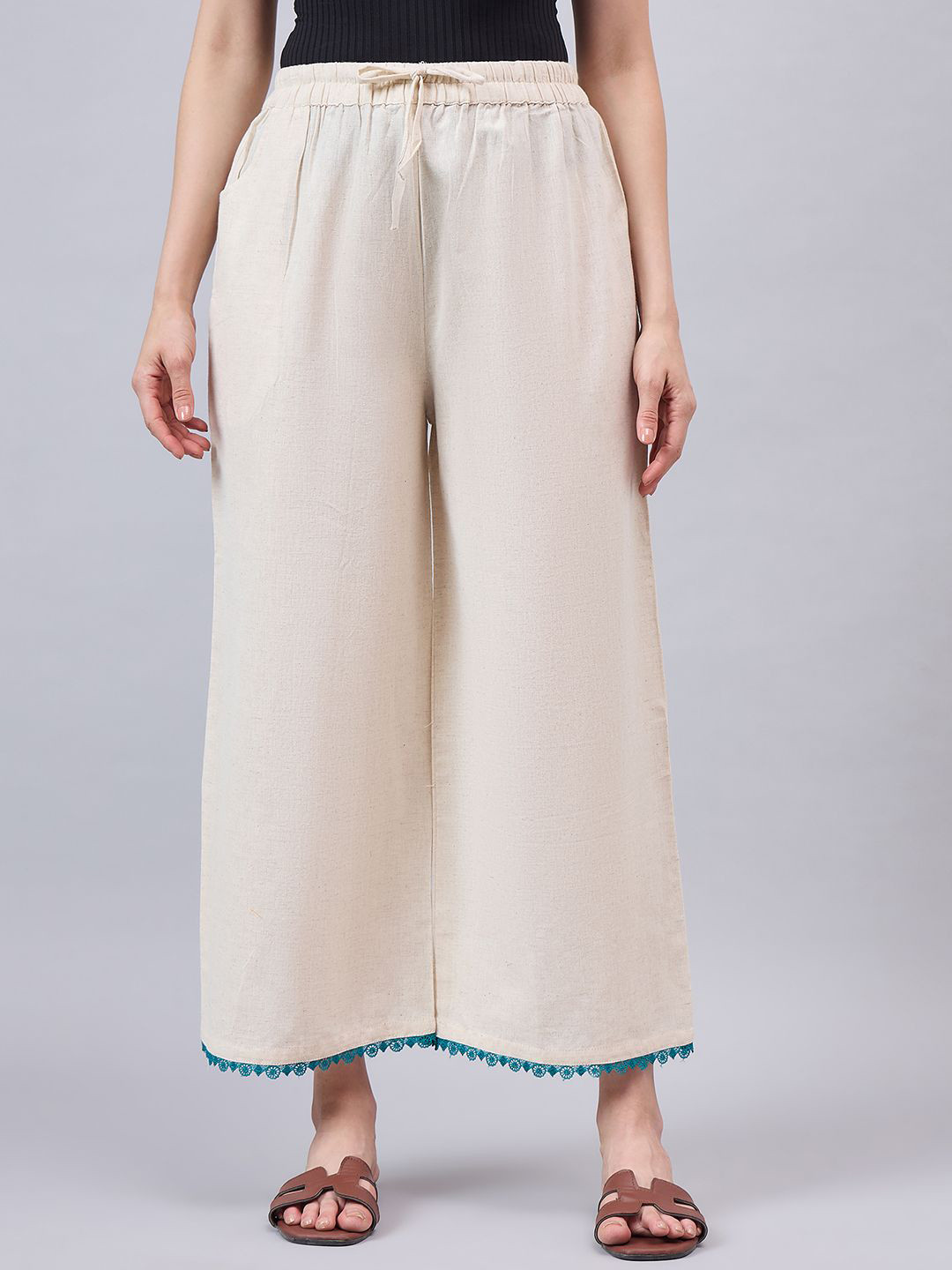 

THE PAJAMA FACTORY Women Solid Wide Leg Palazzos With Lace Detail, Off white