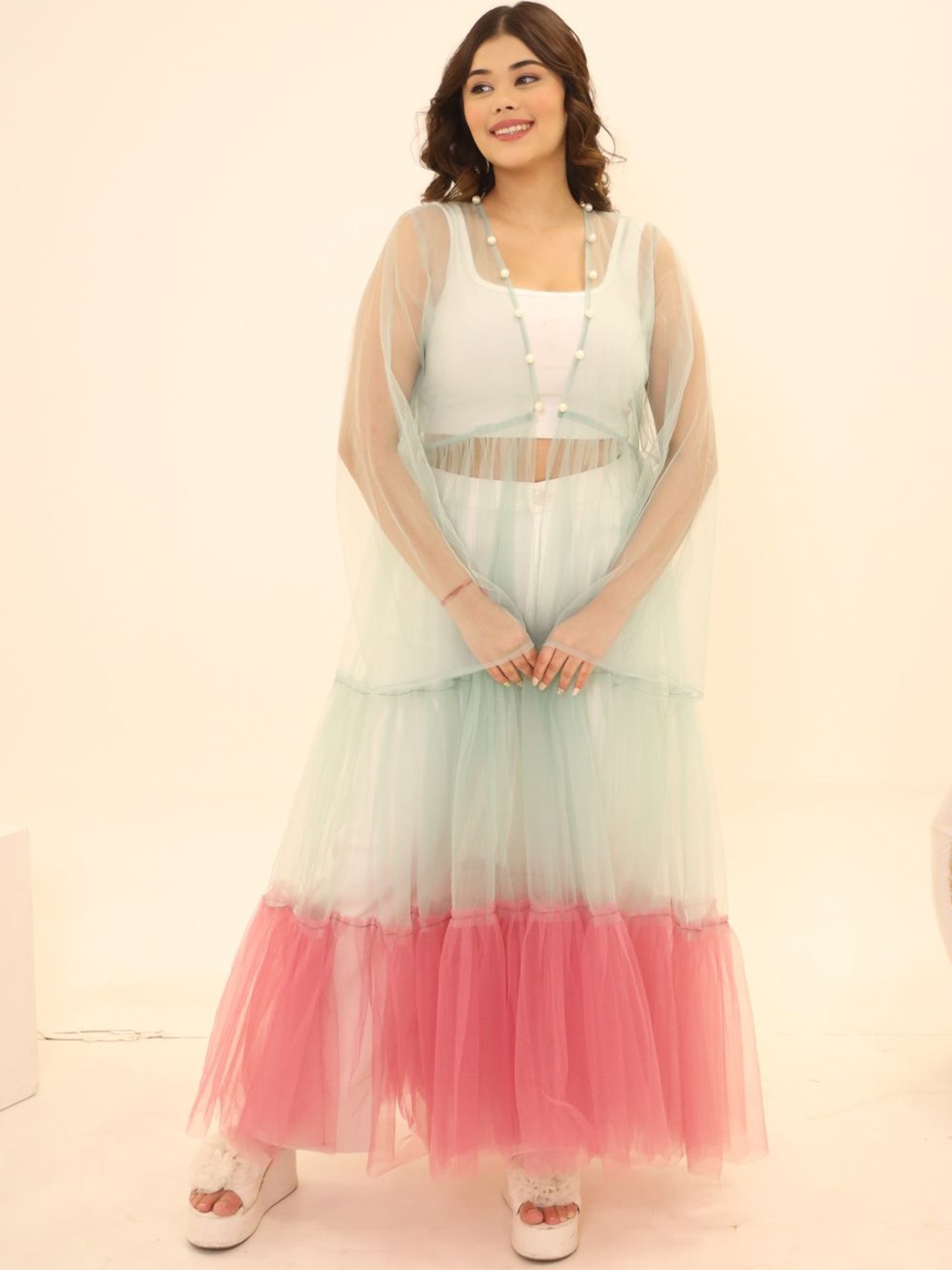 

Swadeshi Shringaar Open Front Net Shrug, Blue