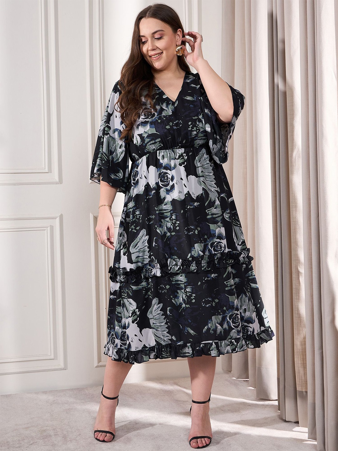 

CURVE BY KASSUALLY Plus Size Floral Printed A-Line Midi Dress, Black