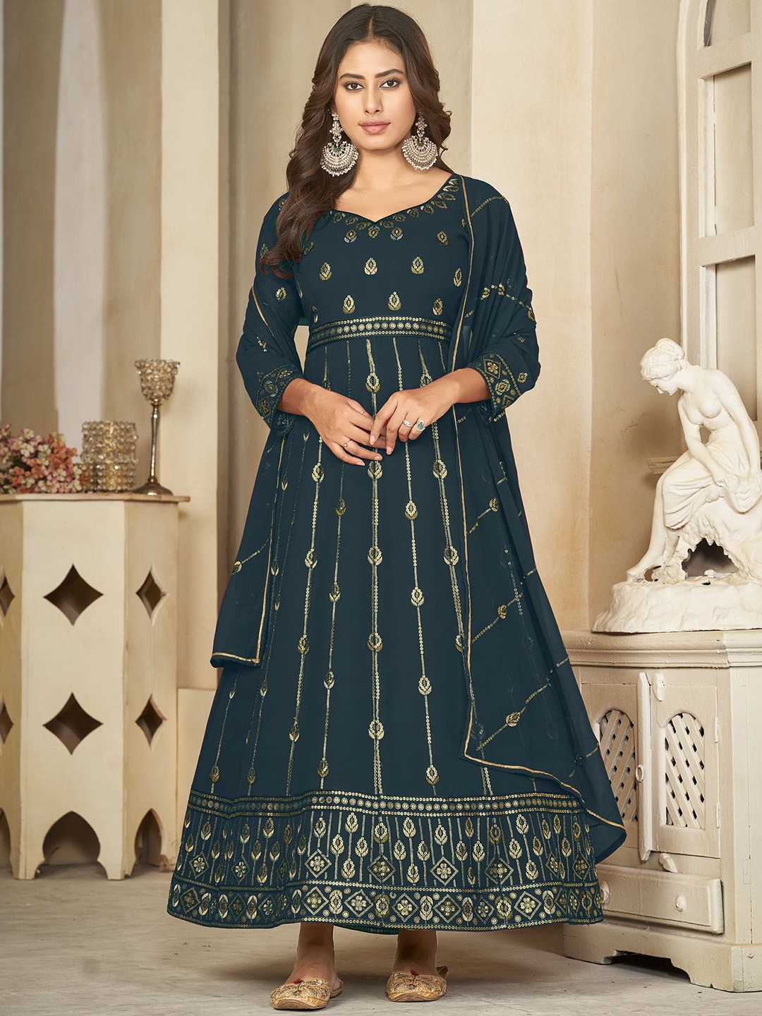 

Warthy Ent Floral Embroidered Sequinned Semi-Stitched Dress Material, Teal