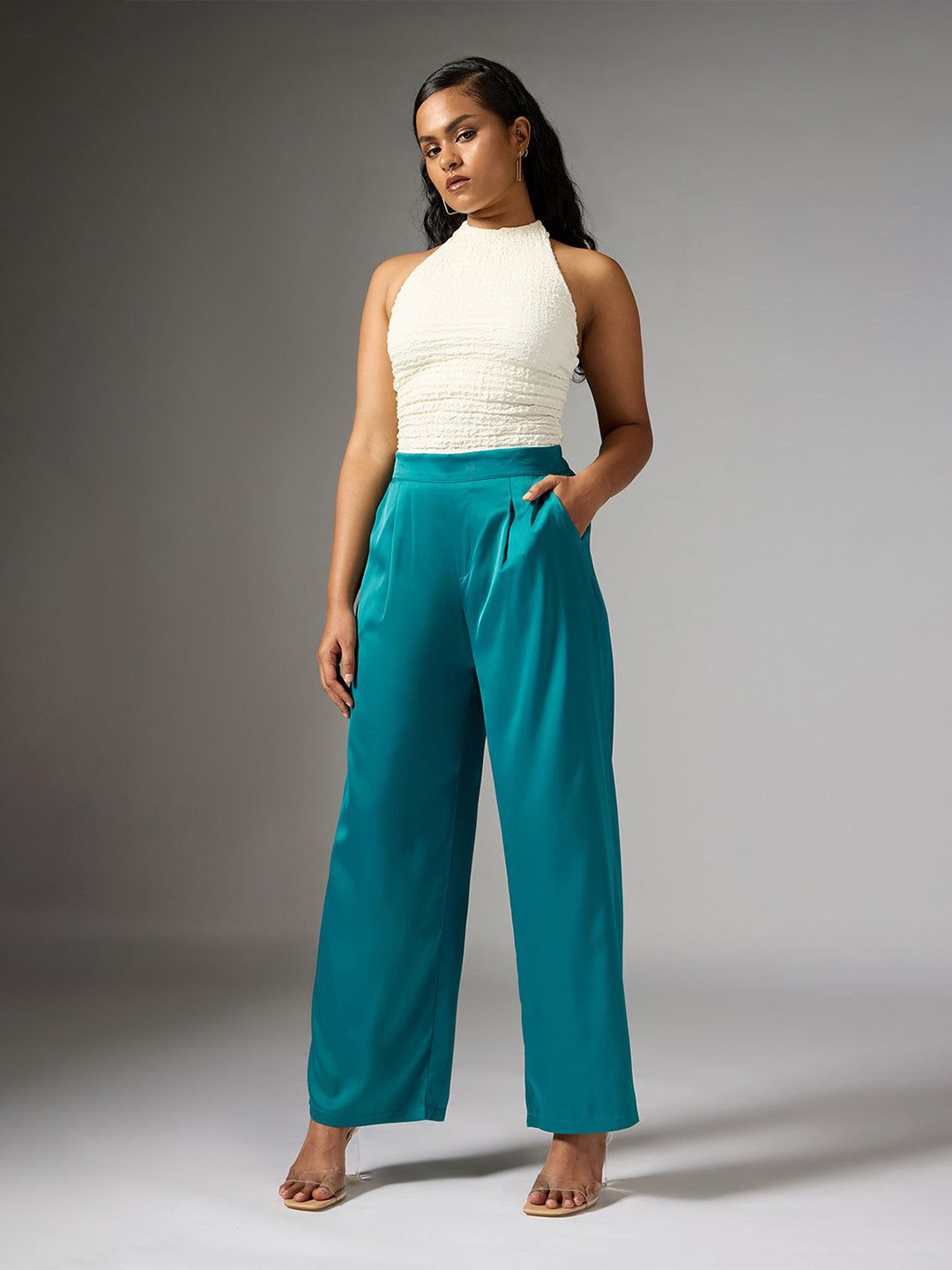 

FREAKINS Opal Green Satin Straight Korean Pants, Teal