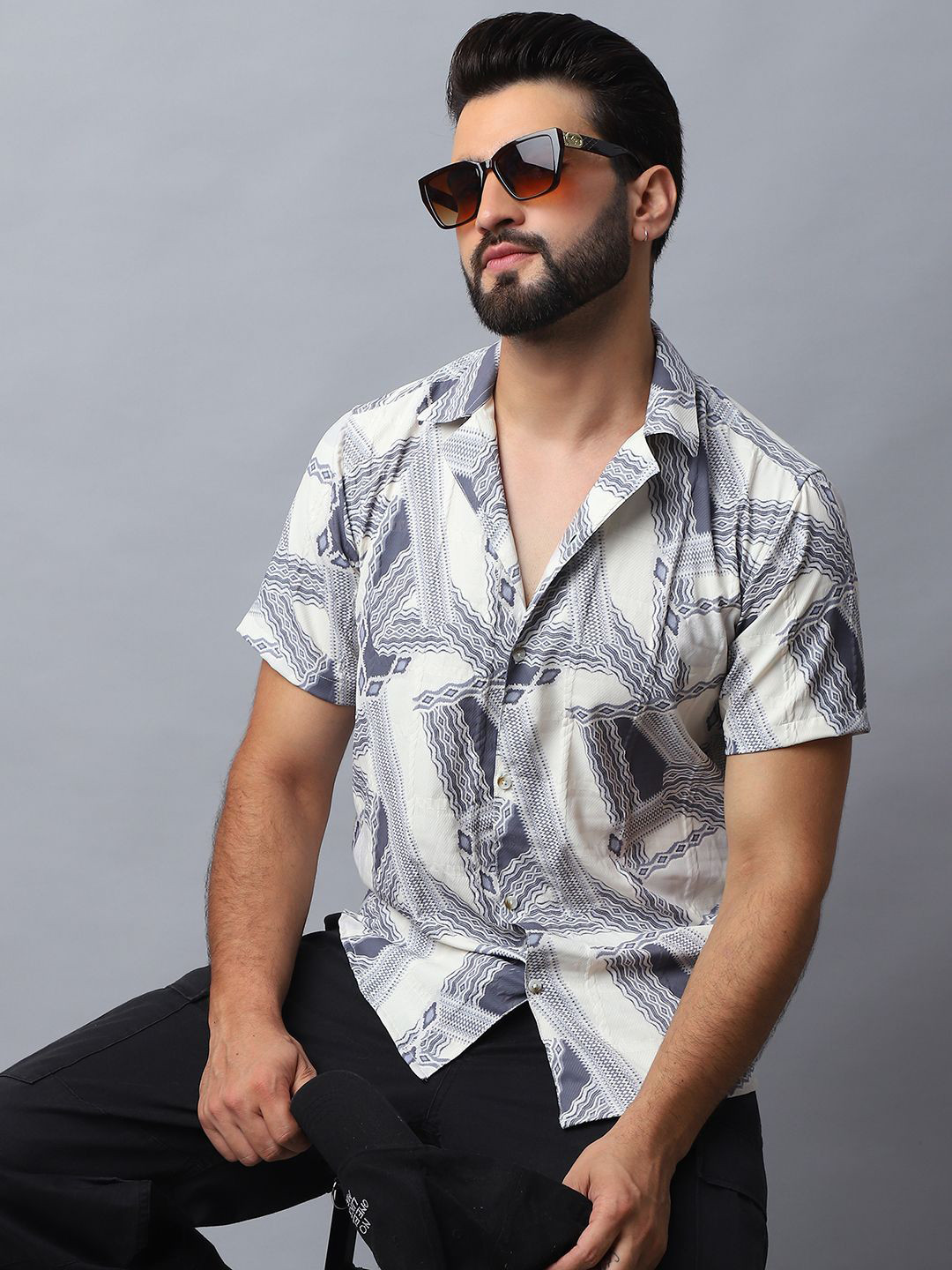 

Indian Needle Men Classic Abstract Printed Casual Shirt, Off white