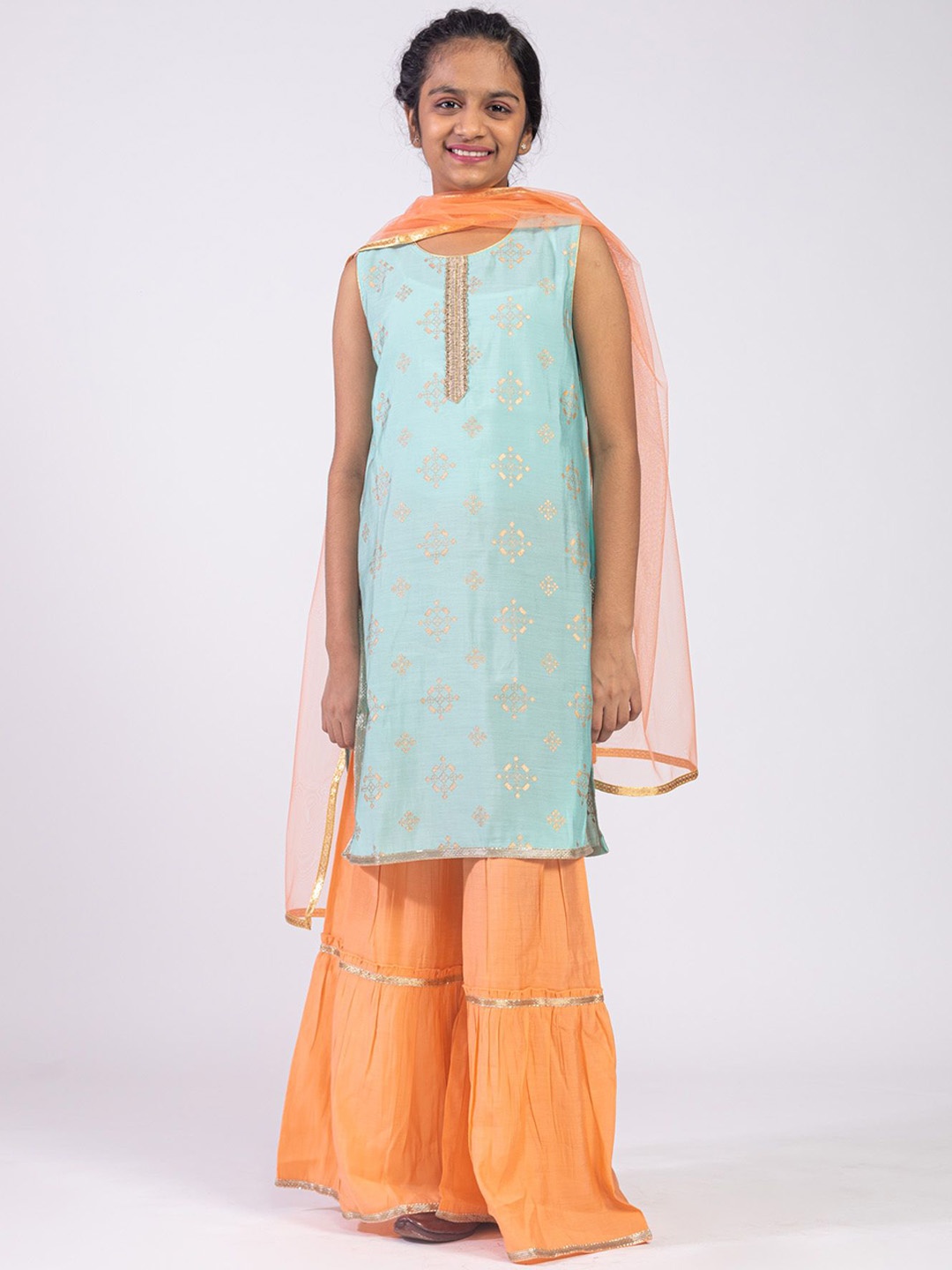 

HERE&NOW Girls Ethnic Motifs Printed Straight Pure Silk Kurta with Sharara & Dupatta, Blue