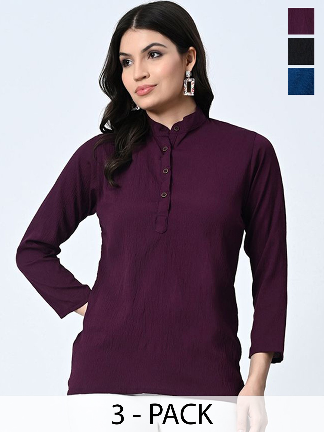 

BAESD Pack Of 3 Self Design Mandarin Collar Crepe Tops, Burgundy