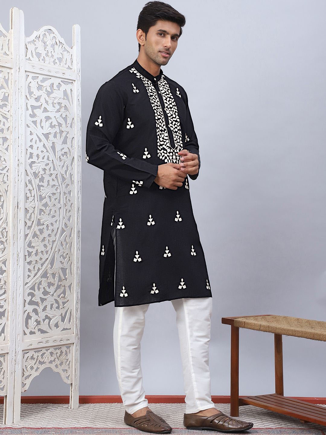 

Anouk Black Floral Embroidered Mandarin Collar Chikankari Straight Kurta With Pyjama